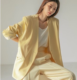 韩国dint无领单排扣西装，女设计感黑黄色宽松休闲夹克外套上衣