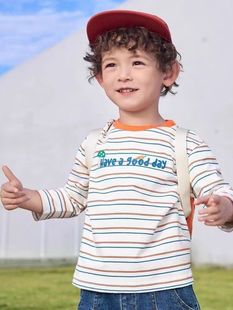 巴拉冠军男童长袖t恤宝宝，纯棉打底衫，春装2024童装儿童条纹潮