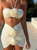 2023女士三件套bikini欧美3D立体花朵分体温泉挂脖抹胸分体比基尼