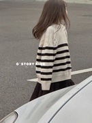 韩国童装女童圆领毛衣羊毛混纺时尚黑白条纹宽松软糯套头针织衫潮