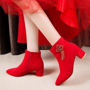 冬季婚鞋女2020粗跟加绒红色高跟短靴结婚鞋子孕妇新娘鞋婚靴
