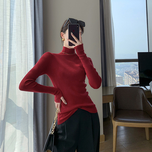 FT GUOGE红色针织衫女2021秋装长袖气质修身短款内搭打底上衣