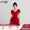 荷叶边v领红色短袖连衣裙女夏季设计感小众气质法式收腰a字裙子