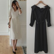 韩国东大门女装2022秋季系带，五分袖中长款连衣裙子