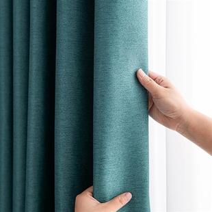 窗帘现代轻奢风棉麻质感阳台客厅高遮光隔热防晒深绿色窗帘布