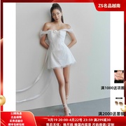zs名品越南设计师jubin24一字，肩蕾丝网纱，飘带减龄性感连衣裙
