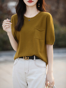 纯棉线女圆领短袖针织T恤衫带兜套头韩版宽松上衣半袖t恤夏季