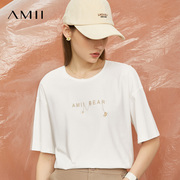 amii女装字母绣花短袖t恤女夏艾米(夏艾米)宽松设计感中长体恤衫
