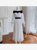 法式优雅性感一字领长裙，女遮肉灯笼，长袖黑白撞色雪纺连衣裙68126