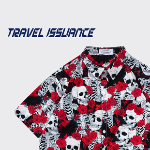 travelissuance玫瑰，幻想红色骷髅玫瑰印花创意，趣味宽松短袖衬衫