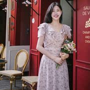 milkcocoa韩国直邮2023年夏季v领荷叶边收腰显瘦碎花连衣裙女