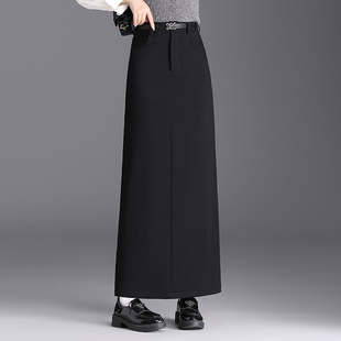 黑色直筒长裙女秋季2023高腰，通勤后开叉，一步裙显瘦包臀半身裙