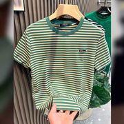 绿色横条纹短袖t恤男2024年徽章刺绣，体恤时尚潮牌ins潮流上衣
