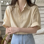 短袖条纹衬衫女2024夏季淡黄色，polo领小个子少女衬衣正肩上衣