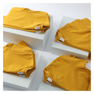 夏季重磅275克纯色姜黄色(姜黄色，)亮黄色全棉纯棉，圆领短袖t恤男女青年流行