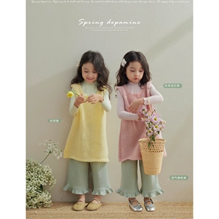 sonnykids女童春夏韩系背心套装，两色针织马甲背心，裙时髦喇叭裤