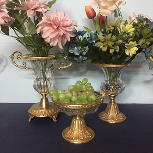 纯铜摆件水晶玻璃果盘鲜花，花瓶欧式美式法式家用工艺品客厅样板间