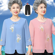 奶奶夏天七分袖上衣宽松老年人T恤女60岁70妈妈夏装假两件雪纺衫
