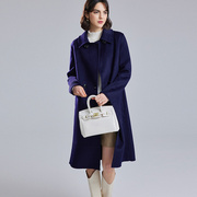 藏蓝色双面羊绒大衣女，中长款2022冬韩系修身显瘦毛呢外套系带