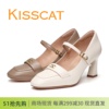 KISSCAT接吻猫2024春款粗跟一字带羊皮玛丽珍女鞋单鞋高跟鞋