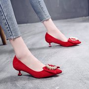 红色高跟鞋女秋2021矮跟2cm尖头浅口猫跟结婚孕妇鞋单鞋工作3
