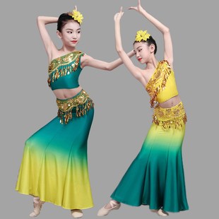 儿童傣族舞蹈演出服，女童傣族孔雀舞，包臀鱼尾裙少儿表演服