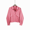 2023秋冬粉红色短款牛仔棉外套女装小个子宽松单排扣方领上衣