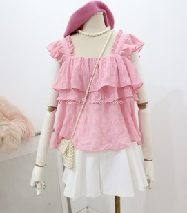 粉色荷叶边温柔娃娃衫2024夏季女装，法式飞飞袖背心上衣仙气雪纺衫