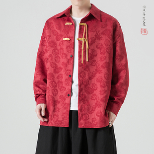 新中式男装中国风唐装红色衬衫外套秋冬款加绒加厚长袖衬衣上衣服