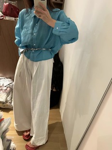 蓝色曼波风穿搭韩系棉麻夏季粉色短款衬衫女小个子长袖防嗮衣