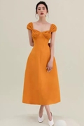 越南设计师气质橘色褶皱肩带，长裙女收腰显瘦法式吊带连衣裙