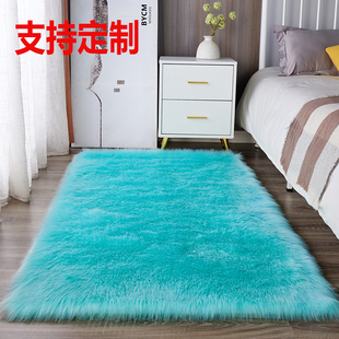 毛绒地毯卧室床边毯湖蓝色，满铺衣帽间可水洗，防滑毛毛加厚毛毯地垫