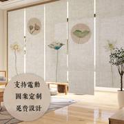 新中式禅意亚麻窗帘卷帘日式茶室，电动升降透光挂帘隔断遮光装饰帘