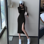 莫代尔棉高开叉连衣裙设计感小众，修身显瘦性感，包臀过膝黑色长裙女