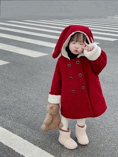 韩版新年装女童立体大耳朵双排扣加厚羊，驼绒中长款连帽外套潮