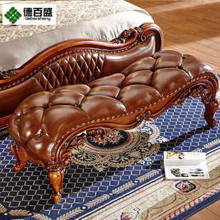 欧式真皮床尾凳换鞋凳实木雕刻卧室床榻，奢华别墅复古怀旧美式床凳