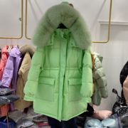 韩国2023年新冬绿色羽绒服女中长版韩版收腰大毛领白鸭绒棉服