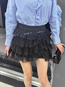 格格家欧洲站2024夏季时尚韩版高腰，不规则层层蛋糕裙网纱短裙