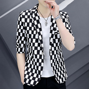 黑白拼色格子中袖西服男士潮牌涂鸦设计感夏季七分袖小西装外套薄