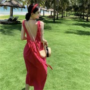 极速度假风露背裙超仙无袖连衣裙玫红格子，显白宽松夏季海边沙