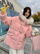 粉色大毛领短款羽绒服女冬季2023韩版小个子加厚90白鸭绒外套