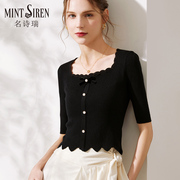 MintSiren黑色低领紧身打底上衣中袖短款春夏季短袖天丝针织衫女