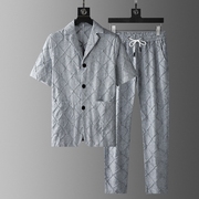 沃布梵高端时尚棉麻短袖西装套装男士夏季薄款宽松亚麻开衫两件套