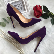 优雅紫色反绒尖头浅口露趾大码小码私人定制欧美性感高跟单鞋