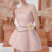 高端轻奢女装粉色小香风粗花呢抹胸连衣裙公主礼服短外套两件套装
