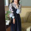 韩国chic秋季法式复古圆领撞色波点拼接吊带假两件泡泡袖连衣裙女