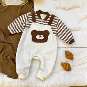 婴儿衣服冬装宝宝加绒条纹，长袖加绒加厚保暖假两件连体衣爬服