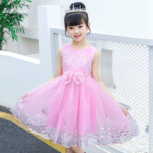 女童连衣裙2024夏装洋气蕾丝，裙女孩公主裙，儿童舞蹈表演服纱裙