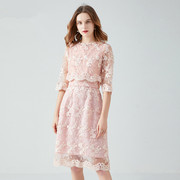 春装粉色连衣裙法式五分袖优雅中长款洋气显瘦气质蕾丝裙子