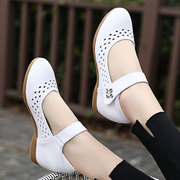 春夏季护士鞋白色真皮，坡跟单鞋内增高小白鞋牛筋软底浅口镂空女鞋